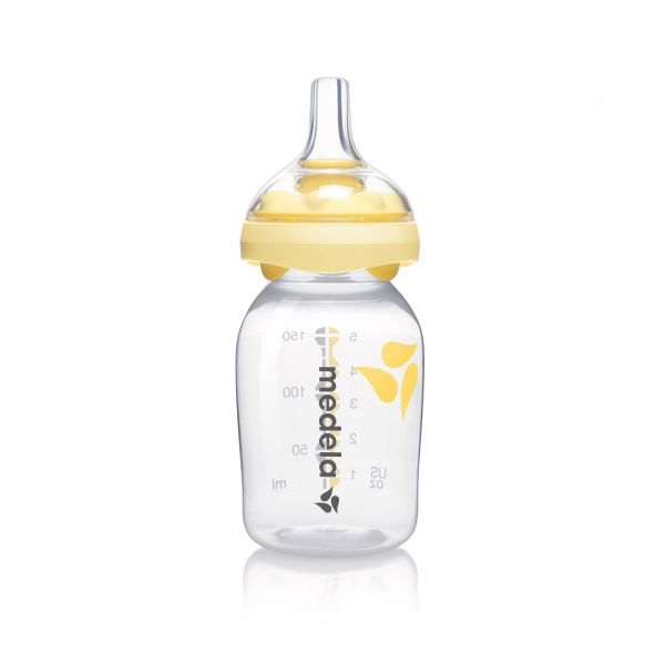 250 ml baby bottle with yellow silicone teat and clear bottle, with collar cap