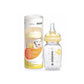 250 ml baby bottle with yellow teat, shown with matching clear dispenser container