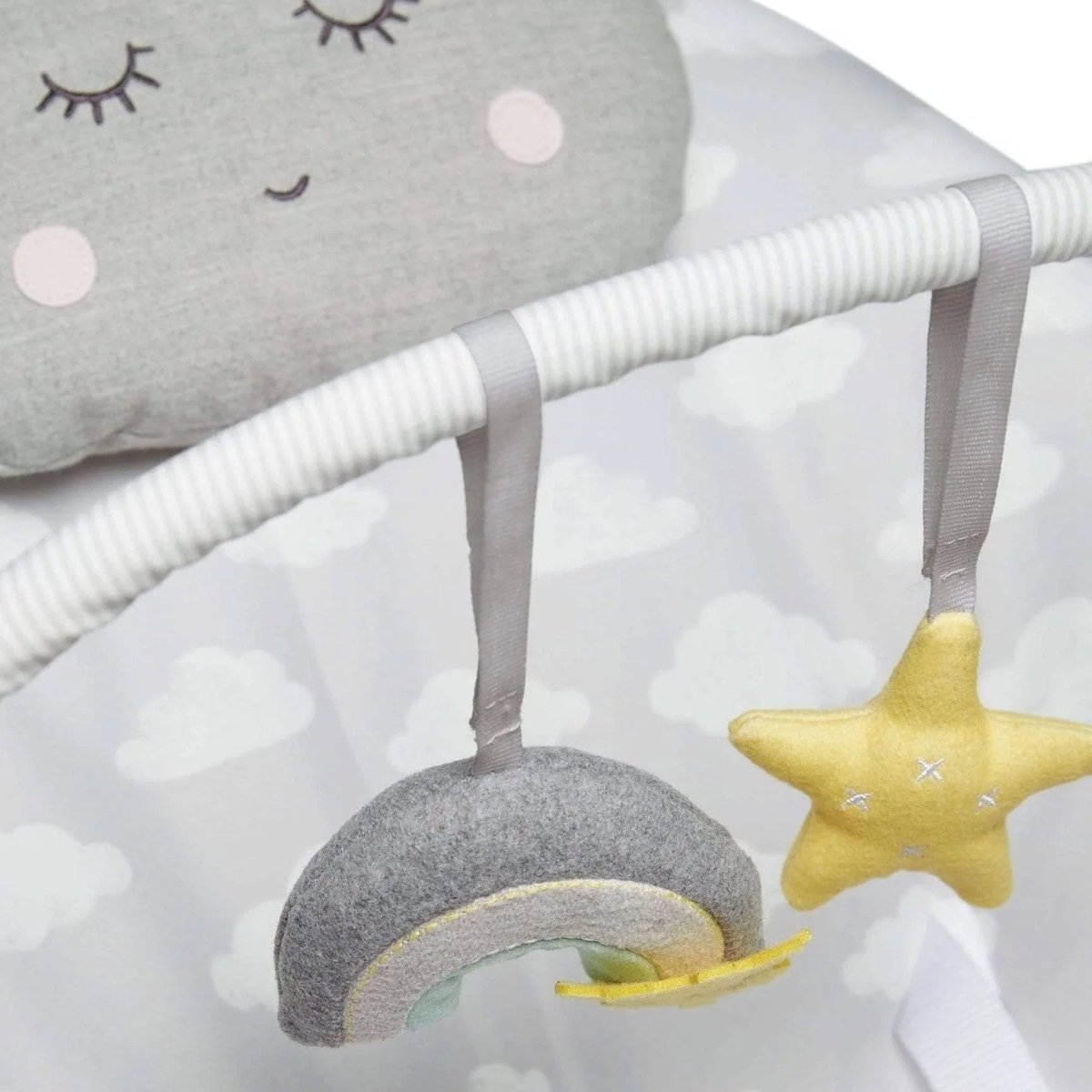 Bouncing cradle toy bar with star and cloud fabric seat pad, gray arch