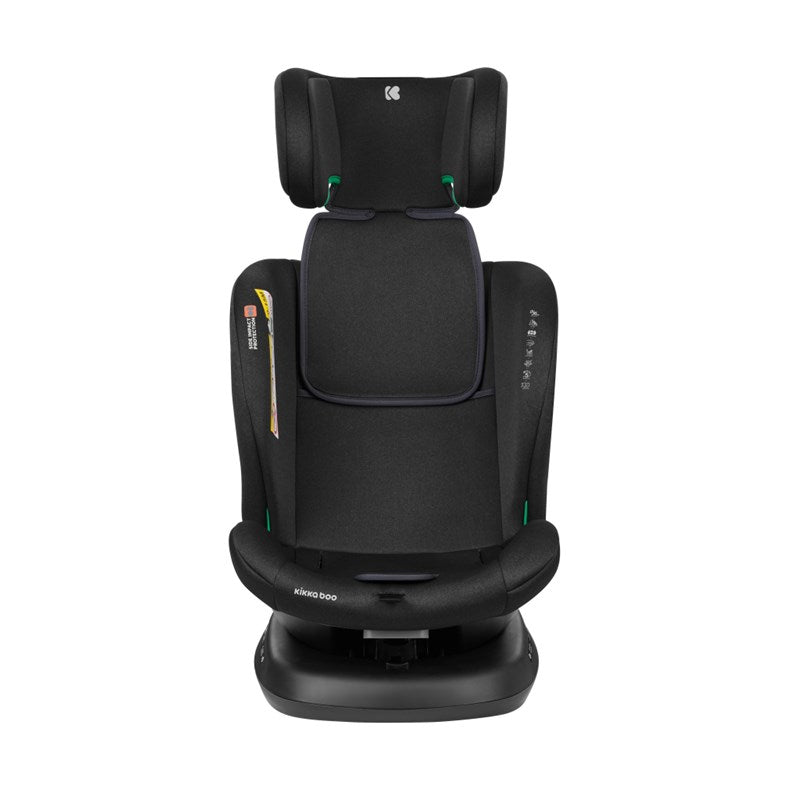 Black car seat with headrest and side wings, padded harness, ISOFIX base