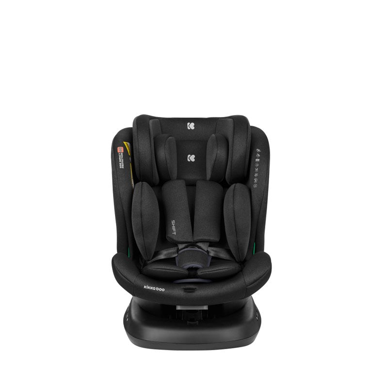 Black 0-36 kg car seat with cushioned pads, integrated harness, ISOFIX base