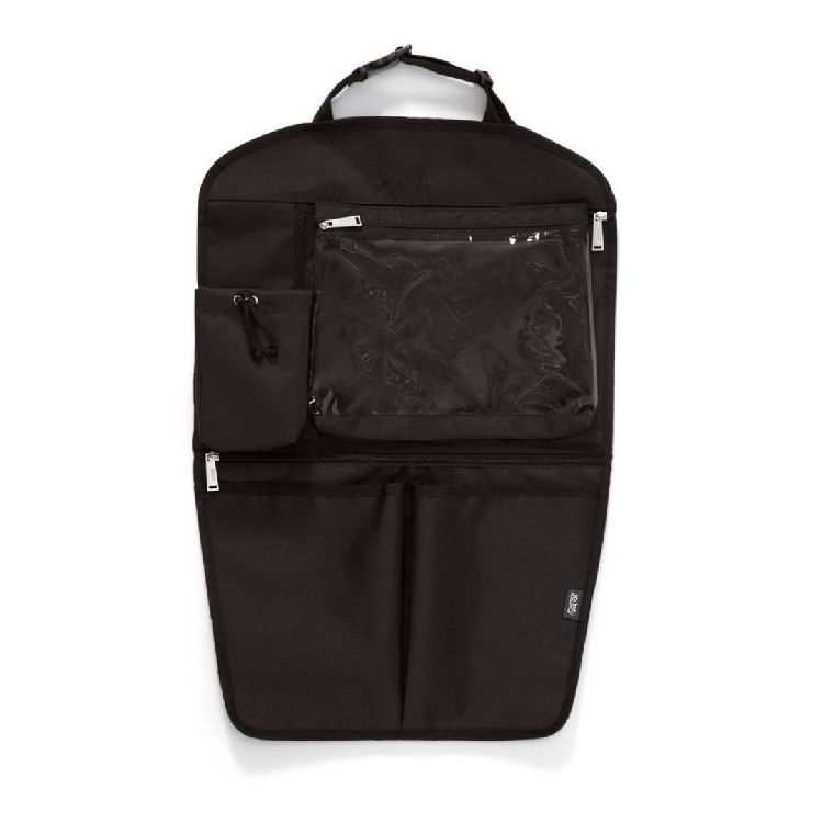 Black car seat organizer with front zip pouch and side pocket compartments