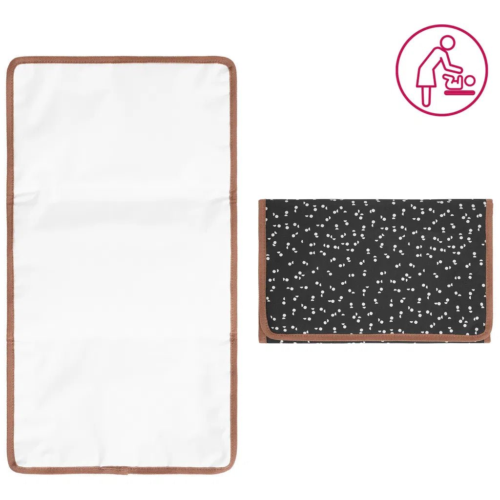 Changing mat set close-up, white mat with brown border and black speckle cover