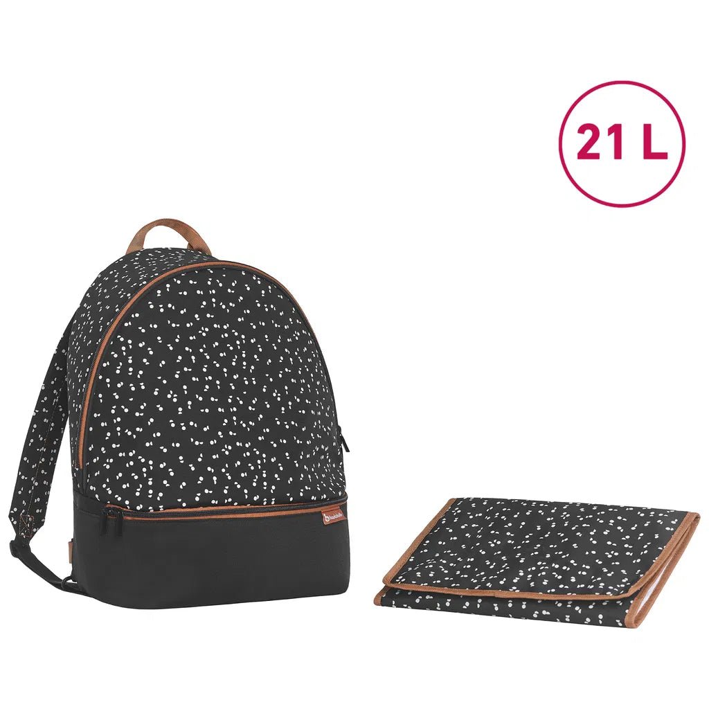 Diaper backpack with changing mat, black speckle fabric with brown trim, 2-piece set