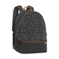Diaper backpack, black with white speckle print and brown-trim front with top handle