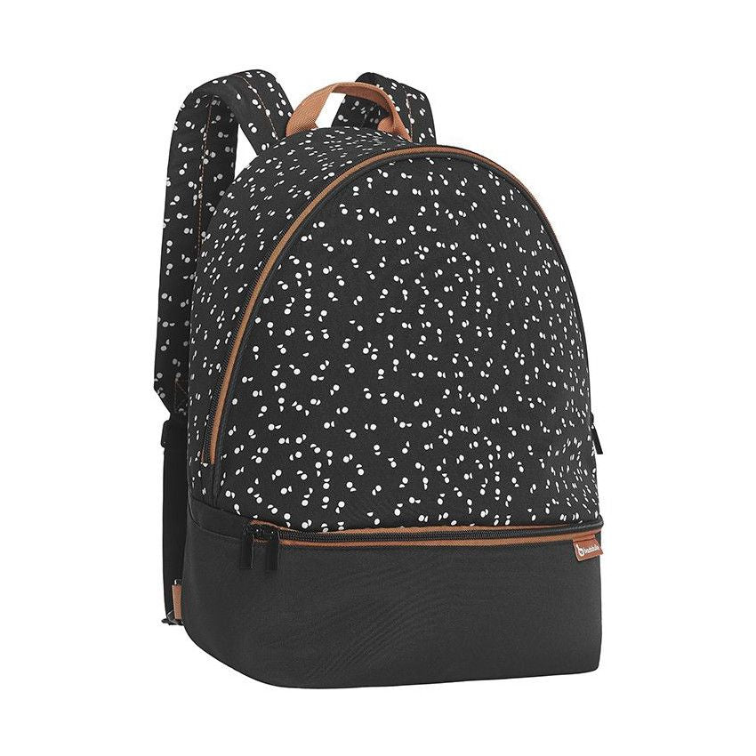 Diaper backpack, black with white speckle print and brown-trim front with top handle