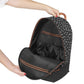 Diaper backpack open view, black speckle fabric with brown trim and inner compartments
