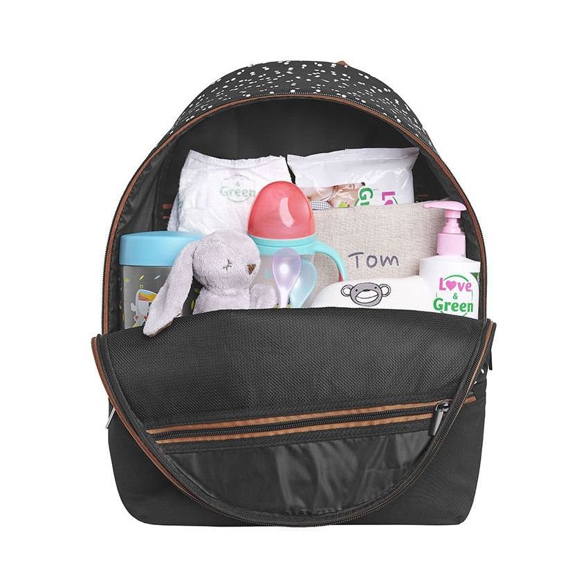 Diaper backpack open, black speckle interior organizer with elastic pockets and front panel