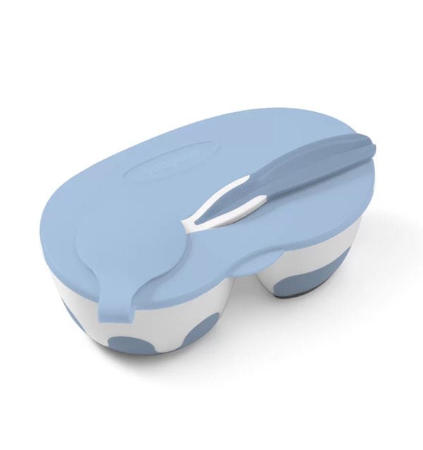 Baby bowl spoon, light blue with darker blue dots and built-in spoon