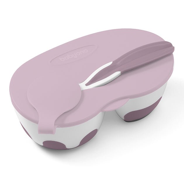 Baby bowl spoon, lavender with purple dots and built-in lid