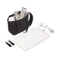 Black changing bag with open top, includes changing mat and small accessories