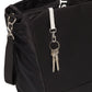 Black changing bag close-up with metal key hook, zipper, and side webbing strap