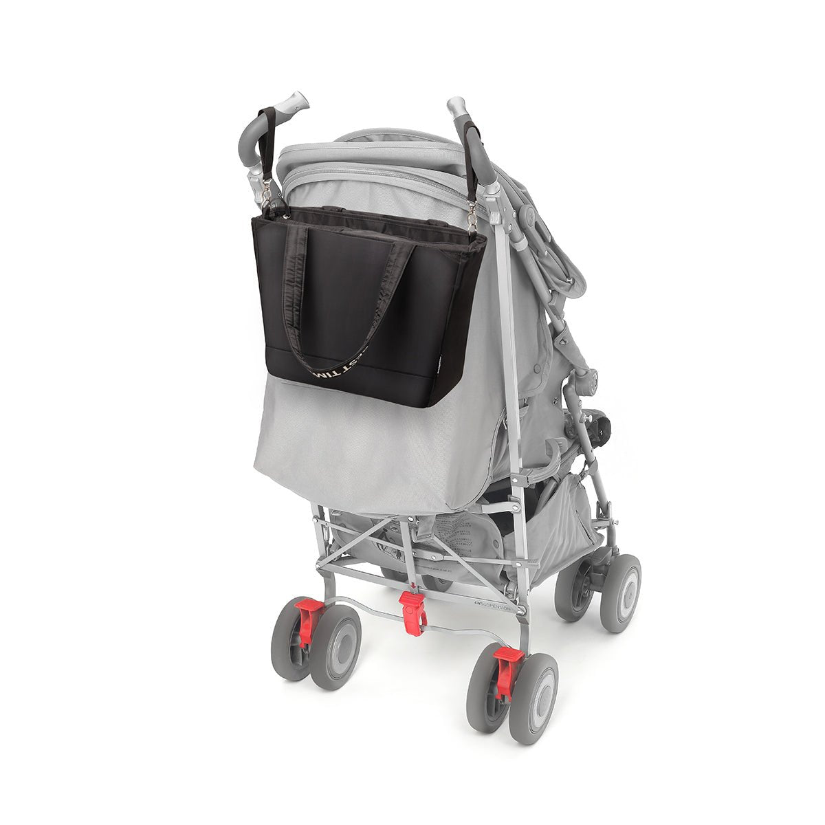 Black and gray changing bag on stroller with front pocket and zip closure