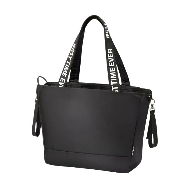 Black changing bag with top handles, front zip pocket, and side key clip