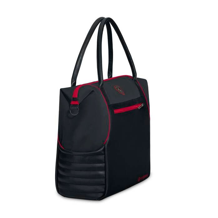Changing bag Ferrari with padded front pocket, red zippers and straps, dark fabric