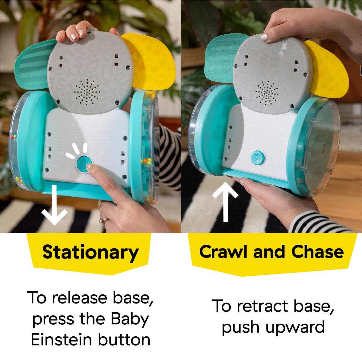Turquoise baby crawling elephant toy with speaker base and raised mirror panel