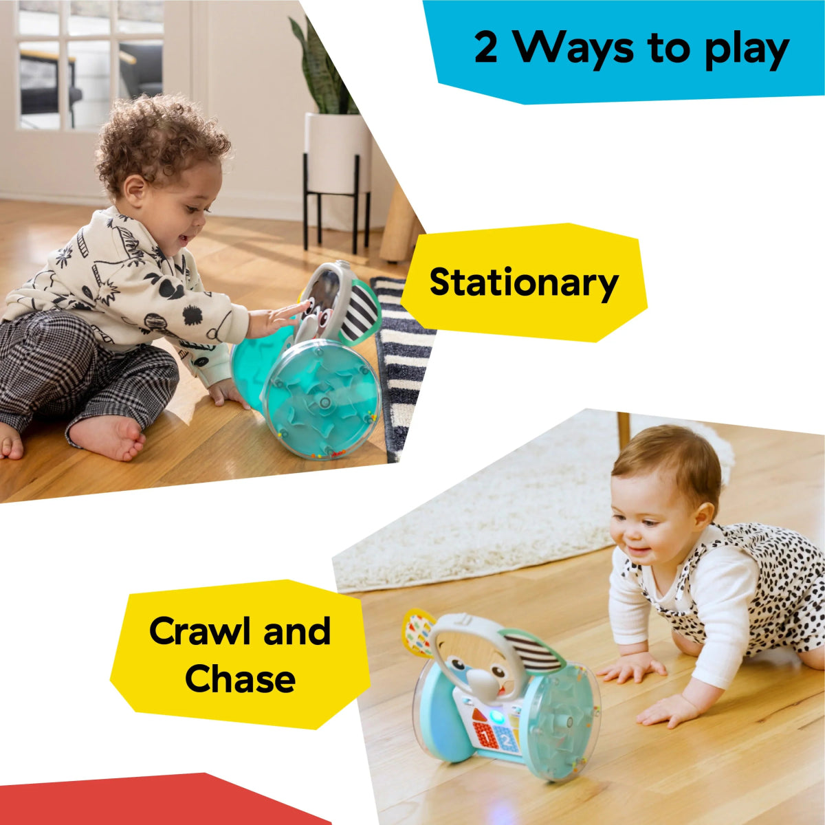 Turquoise baby elephant crawling toy with clear side mirror and activity buttons