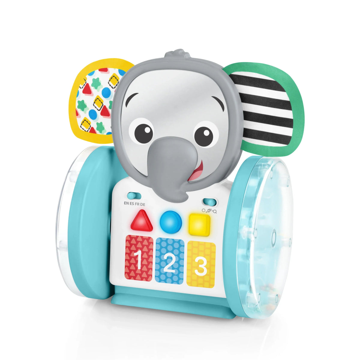 Turquoise and gray baby crawling elephant toy with number buttons and keypad