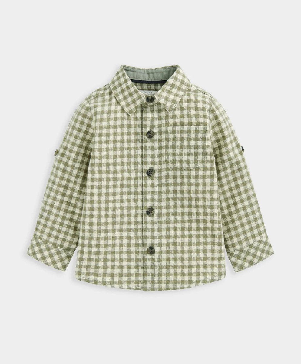 Green-and-white check button-up shirt with long sleeves and front buttons