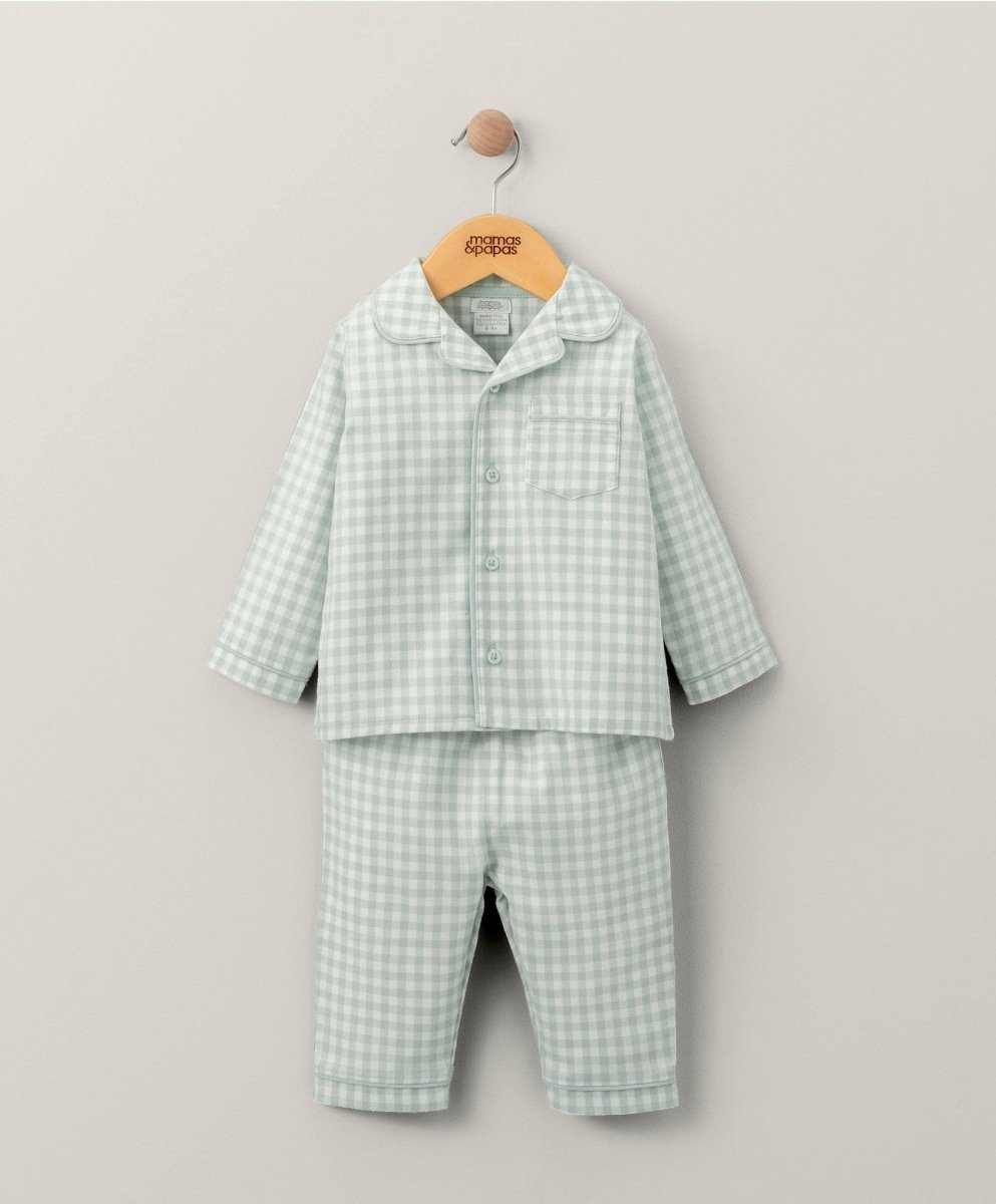 Light blue check woven pyjamas set with button-up top and matching long pants
