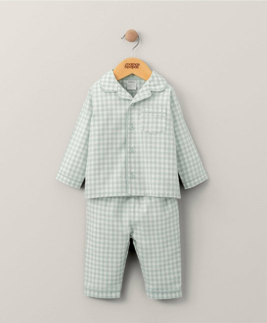 Light blue check woven pyjamas set with button-up top and matching long pants