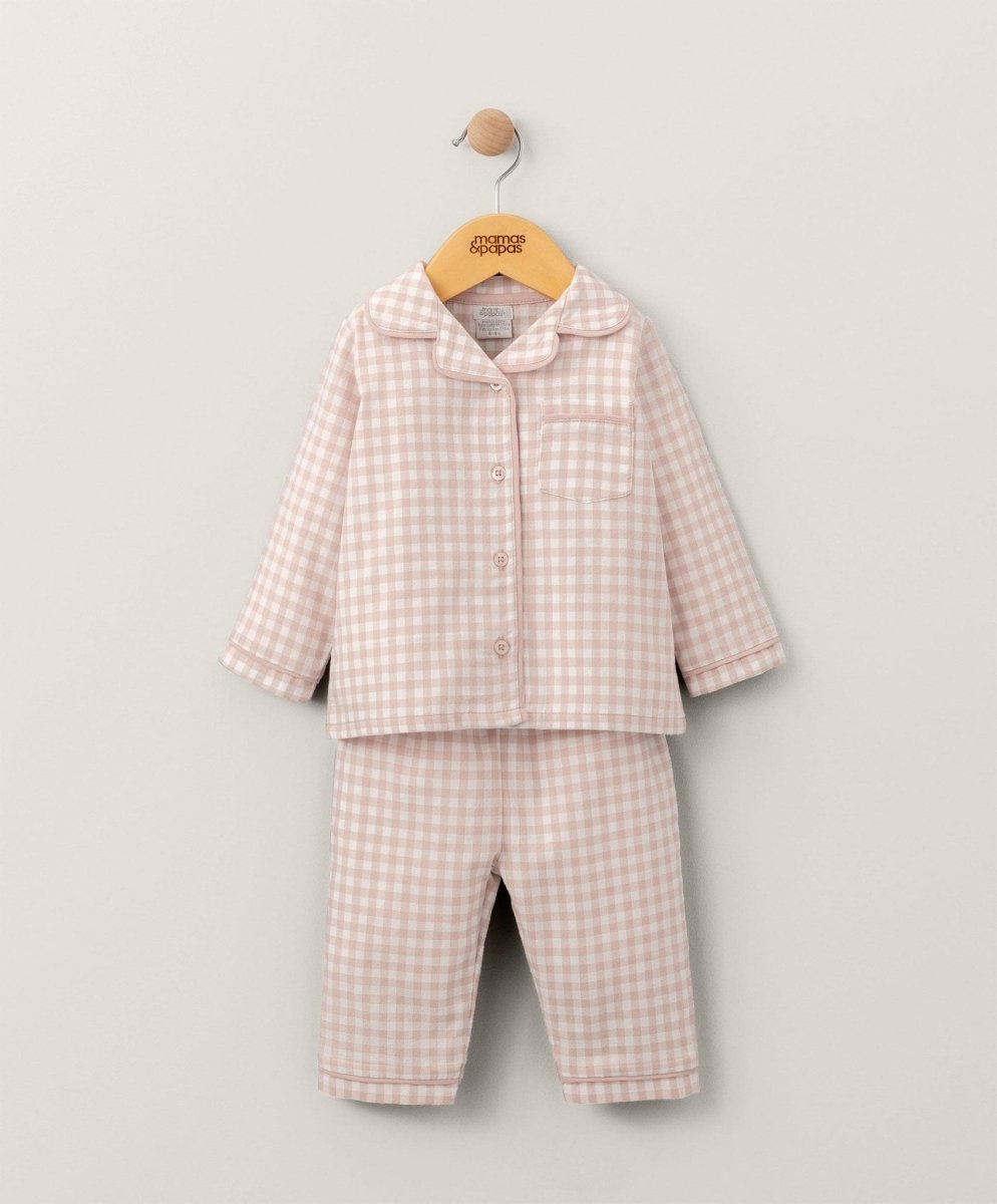 Pink check woven pyjamas set with button-up shirt and matching cropped trousers