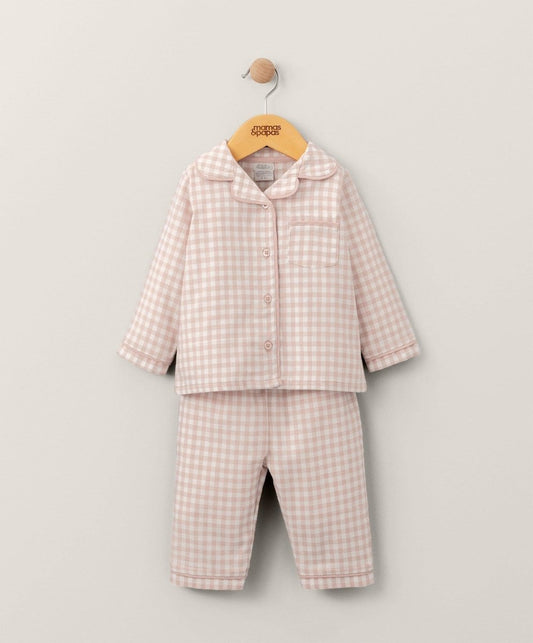 Pink check woven pyjamas set with button-up shirt and matching cropped trousers