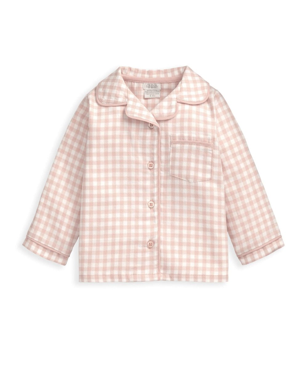 Pink check woven pyjama shirt with collar and button front, long sleeves