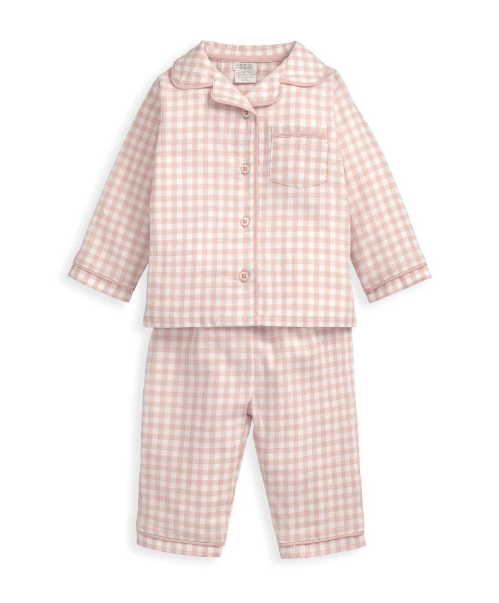 Pink check woven pyjamas set with long-sleeve button-up shirt and straight trousers
