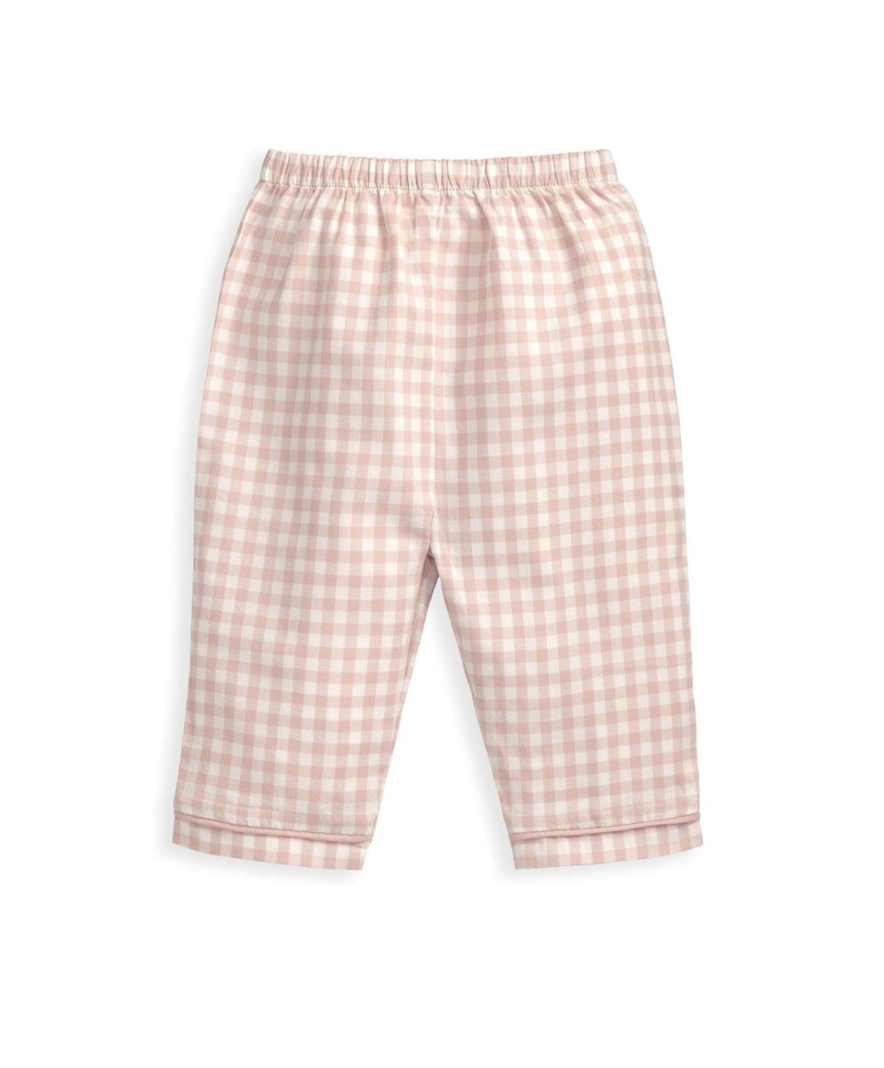 Pink check woven pyjama trousers with elastic waist and straight cropped legs