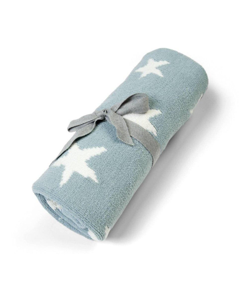 Chenille blanket roll-up in light blue with white stars and tied ribbon