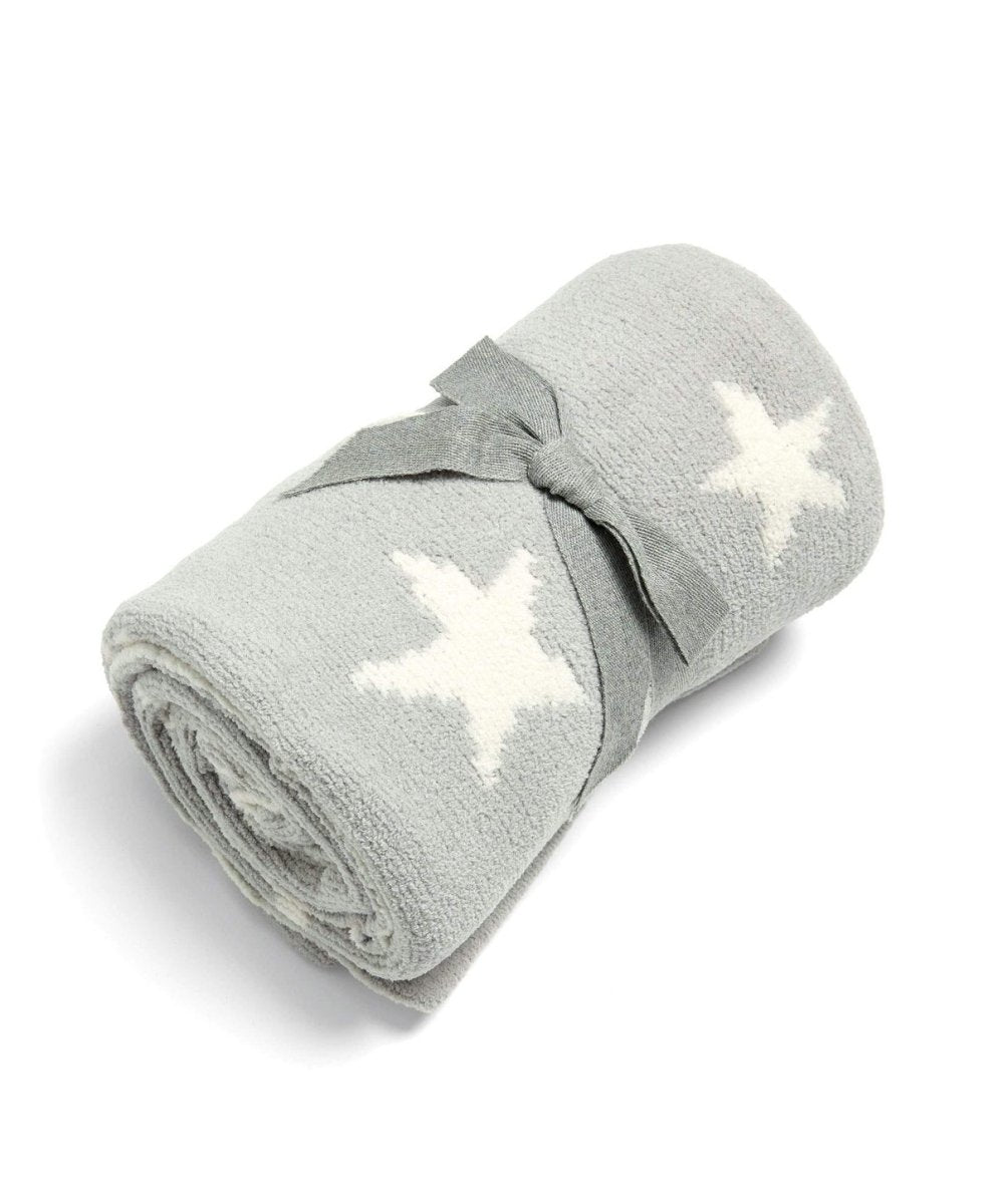 Chenille blanket in light grey with white stars, rolled with bow detail