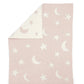 Pink chenille blanket with white stars and crescent moons, folded square