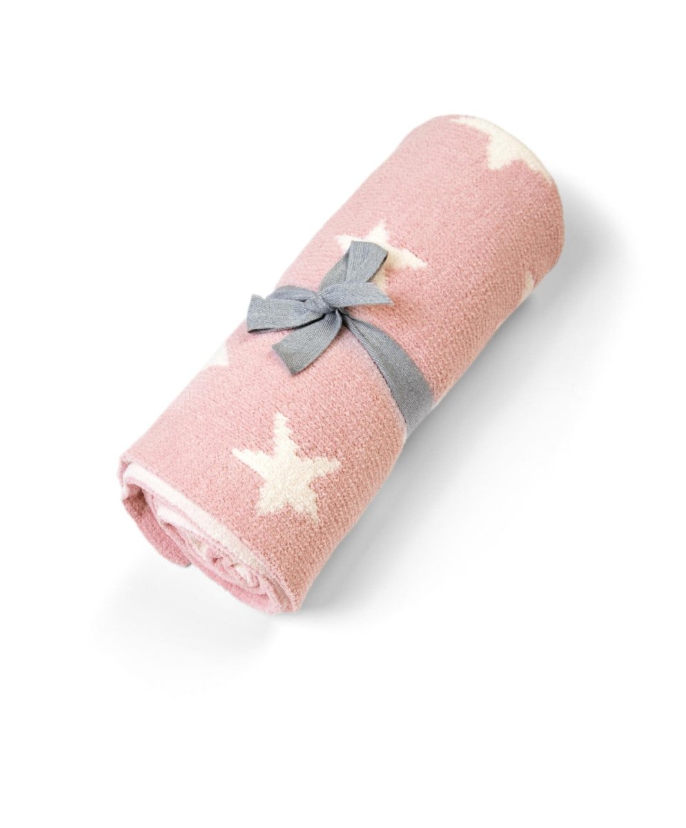 Pink chenille blanket rolled with white stars and gray bow