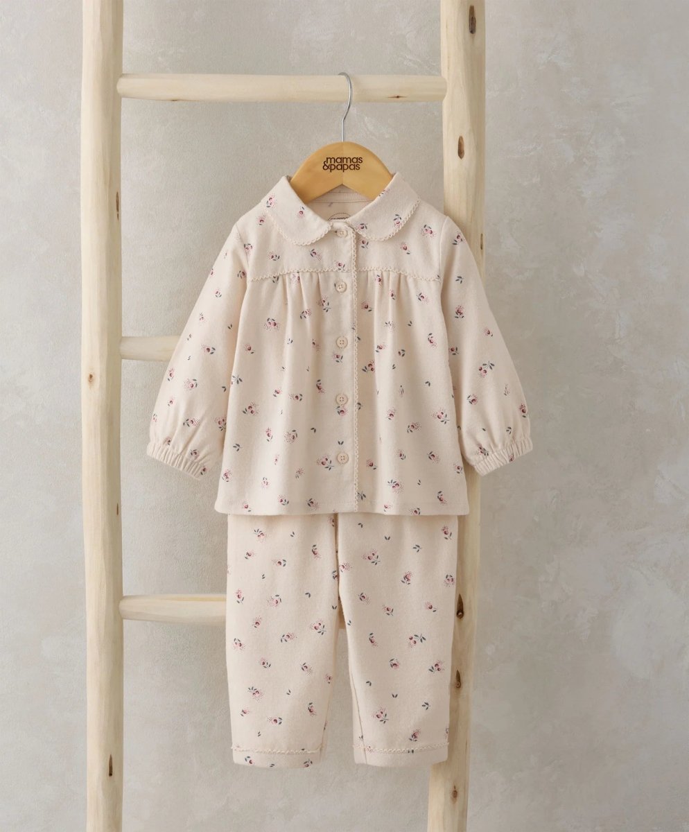 Cream cherry print woven pyjama set with long sleeves, button-up collar and cropped pants