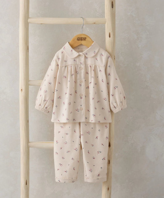 Cream cherry print woven pyjama set with long sleeves, button-up collar and cropped pants