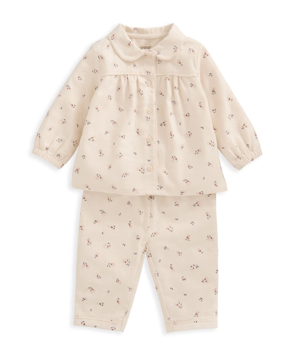 Cream cherry print woven pyjama set with long sleeves and matching cropped trousers