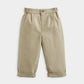 Light olive chino trousers with button waist, belt loops, and cuffed hems