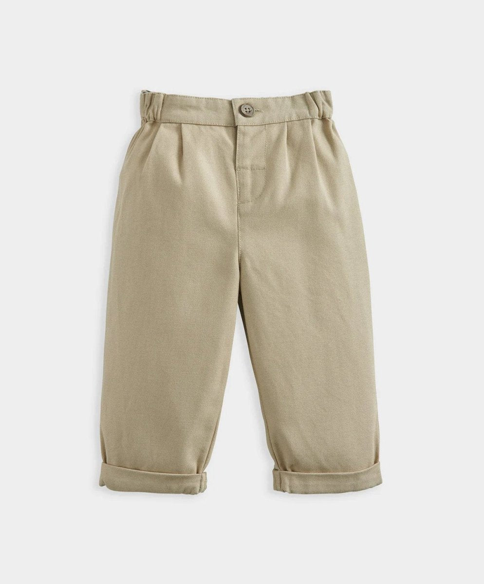 Light olive chino trousers with button waist, belt loops, and cuffed hems