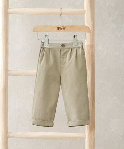 Light olive chino trousers with cuffed hem, button waist, and front pockets