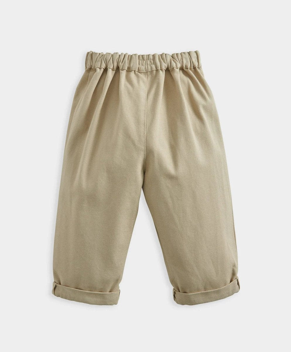 Light olive chino trousers with elastic waist, gathered top, and cuffed hems