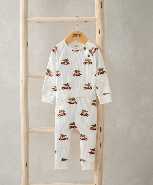 White long-sleeve car-print bodysuit with matching leggings and snap buttons
