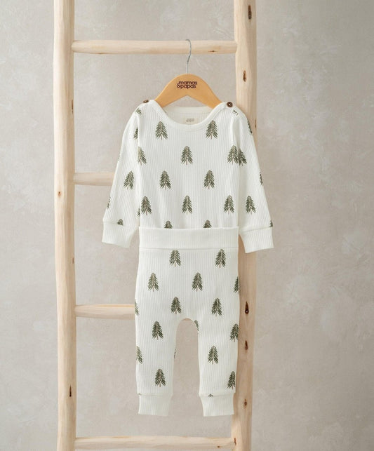 White knit bodysuit set with long sleeves and green Christmas tree prints, matching leggings