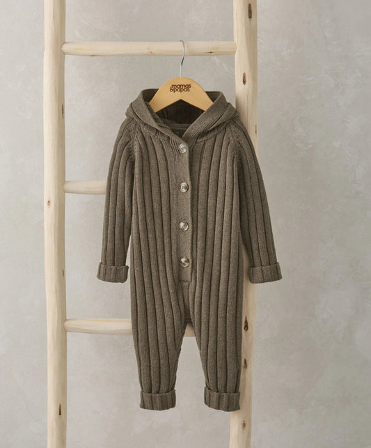 Chunky knitted romper with hood, button front, long sleeves, ribbed knit, dark gray