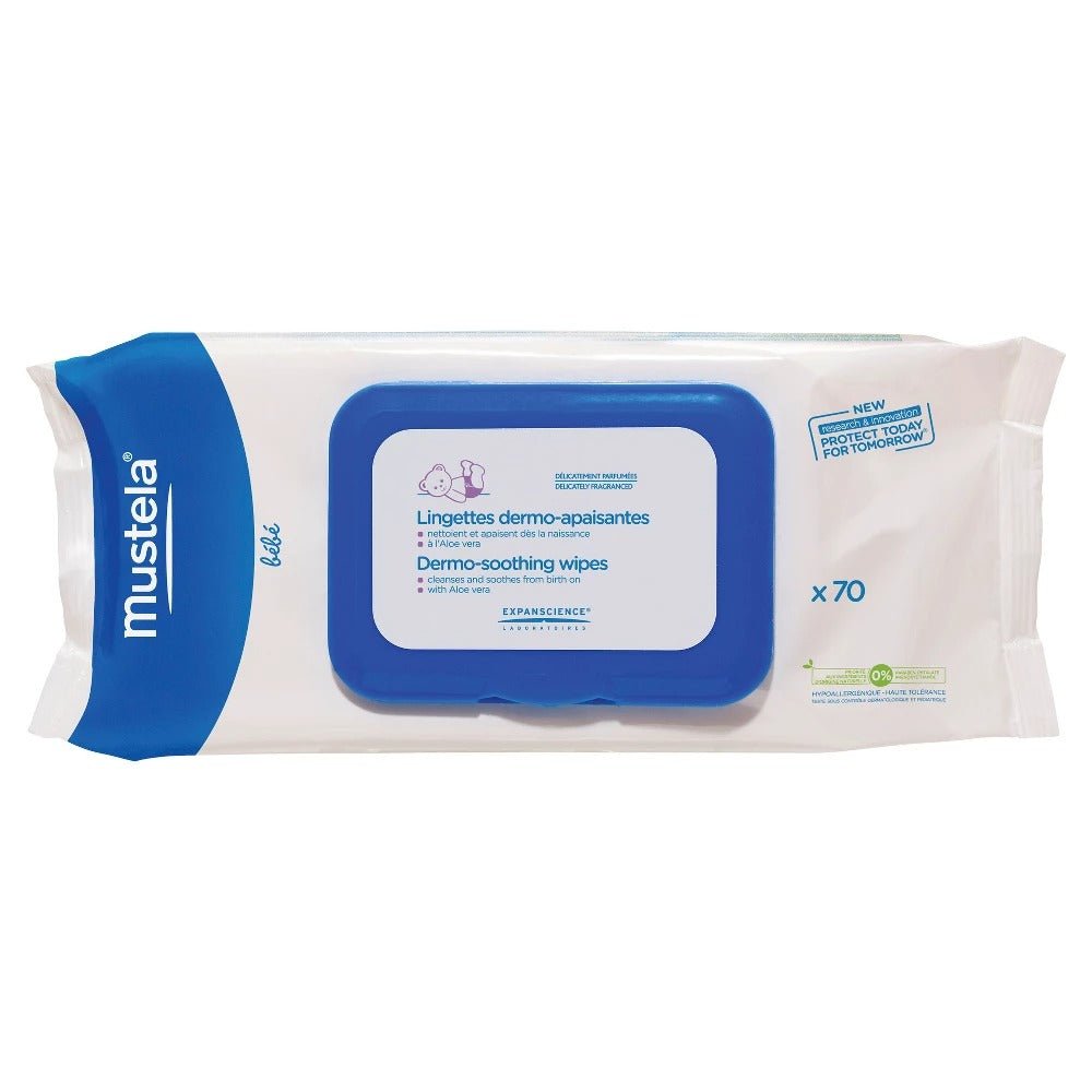 Mustela cleansing wipes pack, blue-and-white with x70