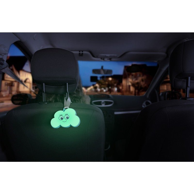 Cloud-shaped night light clipped to a car seat, glowing light-blue