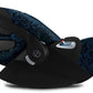 Baby car seat with dark blue patterned seat and black base, side carry handle and harness