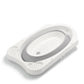 Collapsible baby bath, white rim and grey tub with perforated insert and draining holes