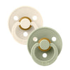 2-pack baby pacifiers, ivory and sage green, round shield with airflow holes