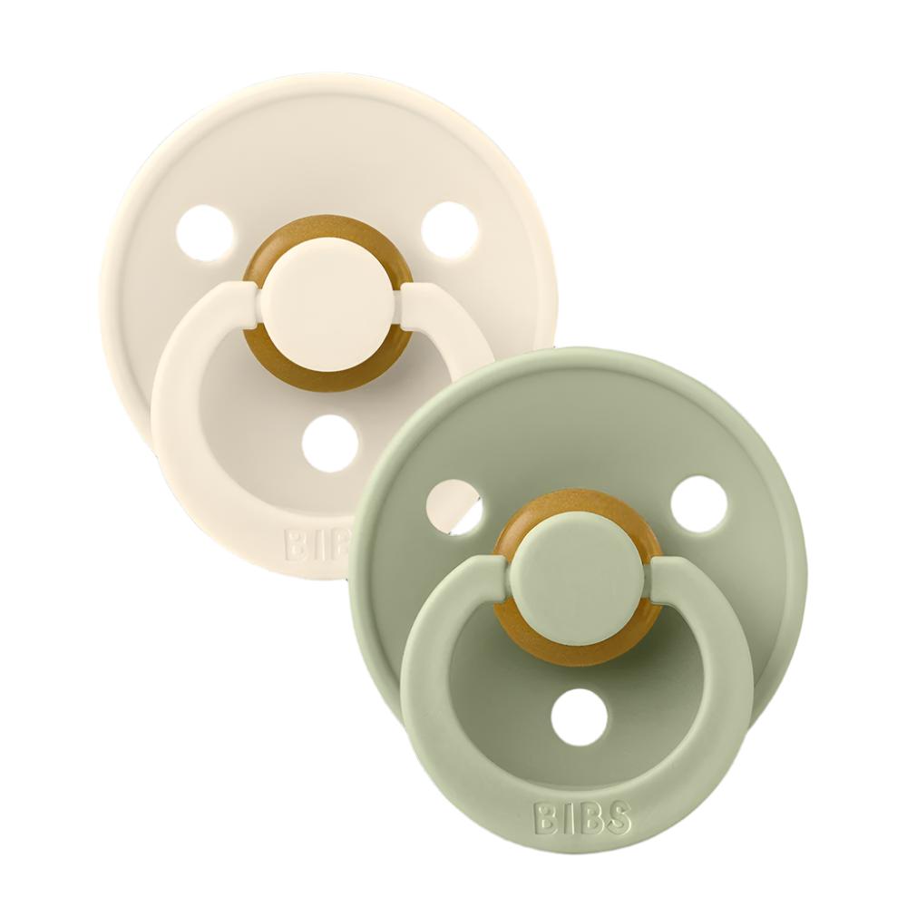 2-pack baby pacifiers, ivory and sage green, round shield with airflow holes